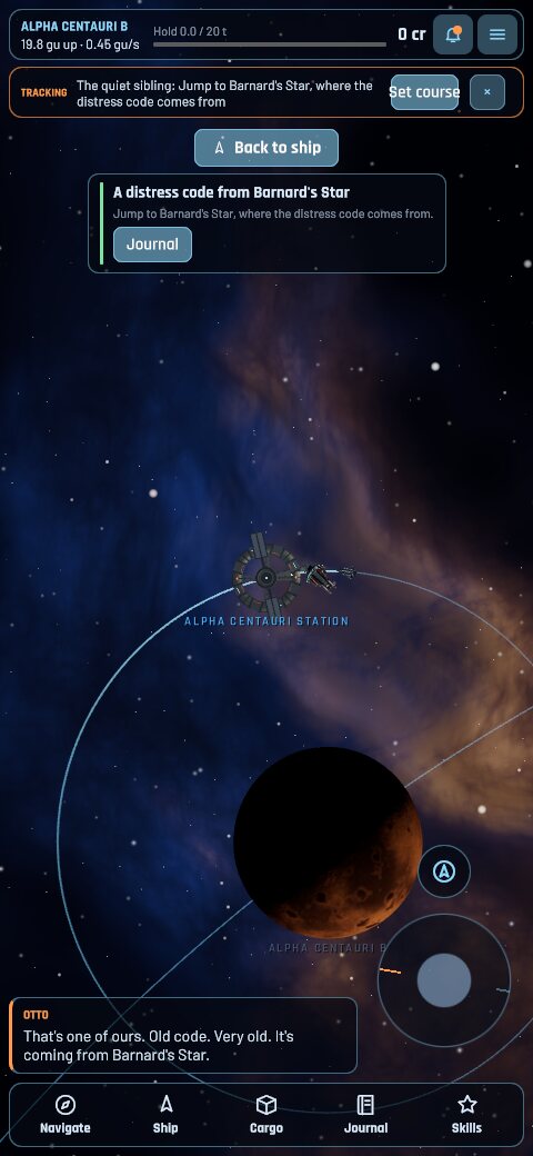 The ship beside Alpha Centauri's station and a trader called Lucky Strike, with a distress code from Barnard's Star on the Journal