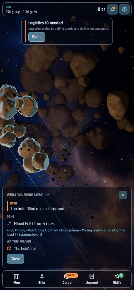 The While you were away card: the hold filled up after 14.5 t mined from 4 rocks