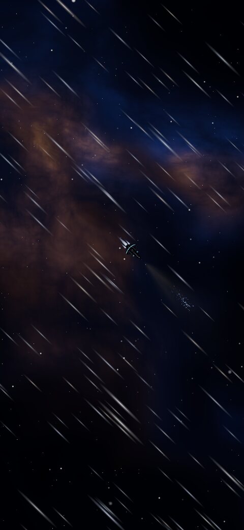 The ship cruising between stars on its FTL drive, star streaks all round, no HUD