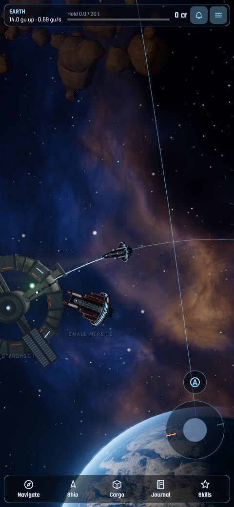 The ship leaving Starbase 1, with Earth below and a trader alongside