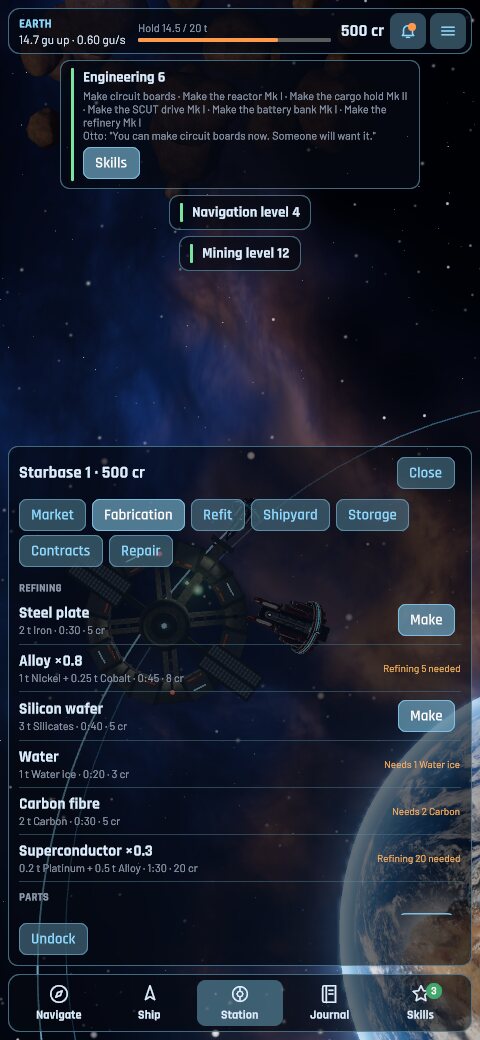 The station's Fabrication tab: steel plate, alloy, silicon wafer, water and more