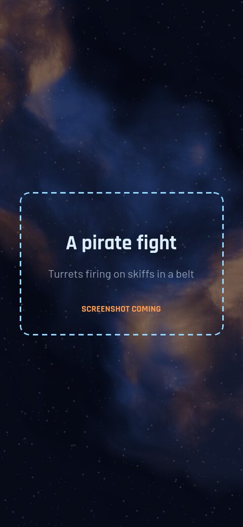 A fight in an asteroid belt: the ship's turrets firing on pirate skiffs, with each ship's hull bar