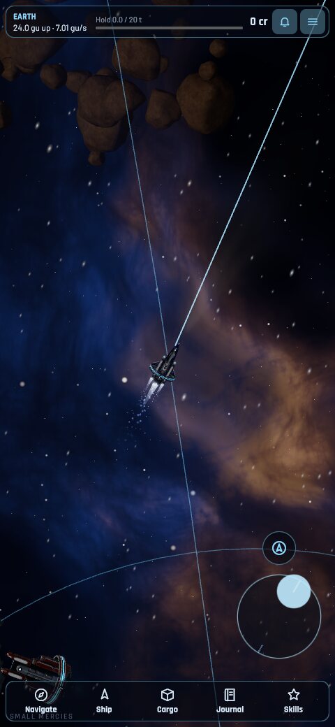The ship burning its engine, its path line ahead