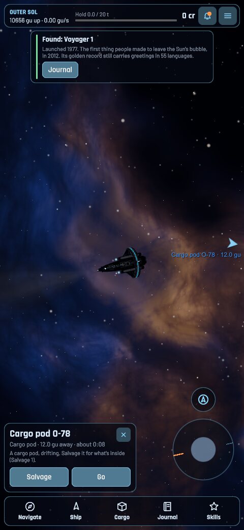 The ship beside a drifting cargo pod in outer Sol, with a notice about Voyager 1