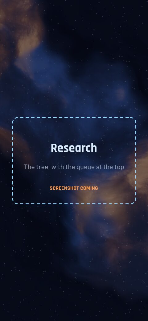 The Research tab: a tree of topics, with the queue at the top