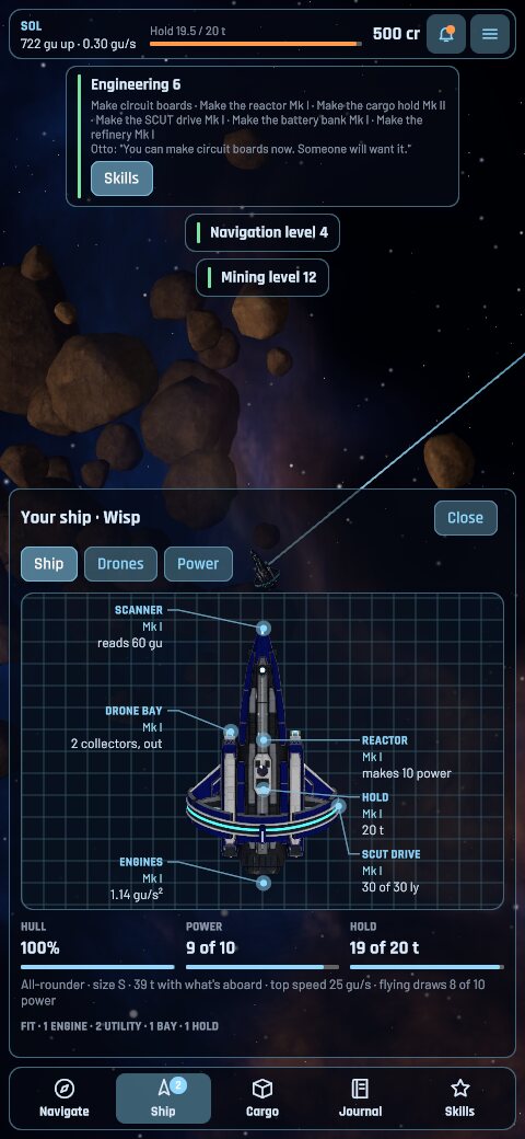 The Ship tab: the Wisp's model with each of its systems called out