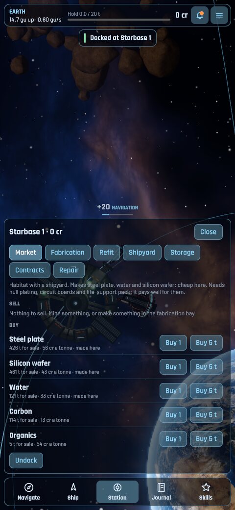 Starbase 1's market, with what it sells and what it pays