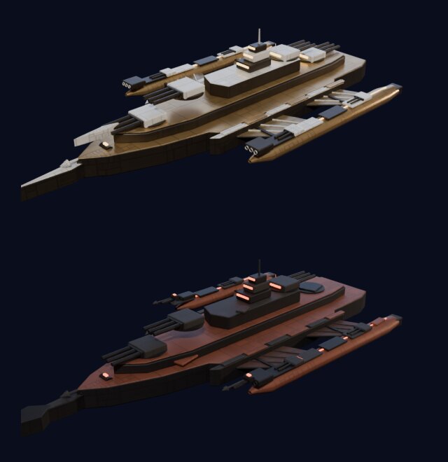 The two houses' cruisers, in bronze and in rust: concept renders