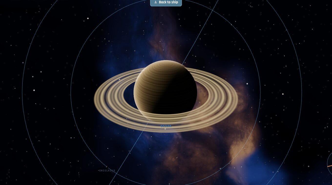 Saturn and its rings, with its moons' orbits drawn round it